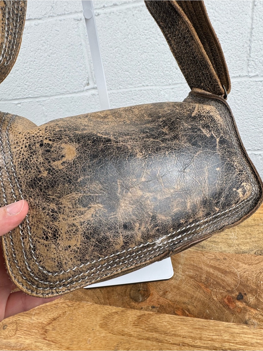 BEDISTU Distressed Leather Studded Flap Crossbody Bag Rustic Brown - Picture 5 of 12